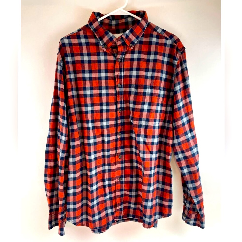 💚5 Goodfellow & Co Shirt Size L Orange Blue Gray Plaid Button Down flannel